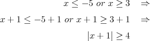                x ≤  - 5 or x ≥ 3  ⇒

x + 1 ≤ - 5 + 1 or x + 1 ≥ 3 + 1  ⇒

                     |x + 1| ≥ 4  