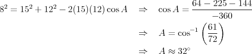  2     2     2                                 64---225---144-
8 =  15 +  12 - 2 (15 )(12 )cosA    ⇒    cosA =       - 360
                                                 (   )
                                  ⇒    A = cos- 1  61-
                                                   72
                                  ⇒    A ≈ 32 ∘ 