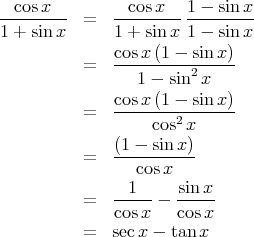 --cosx---     --cosx---1---sinx-
1 + sin x  =   1 + sin x 1 - sinx

          =   cosx-(1---sin-x)-
                 1 - sin2 x
              cosx-(1---sin-x)-
          =        cos2x

          =   (1---sin-x)-
                 cosx
              --1--   sinx-
          =   cosx -  cosx
          =   secx - tan x  